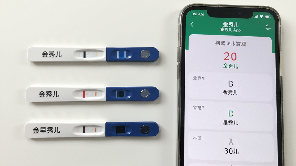 金秀儿早孕试纸检测结果对比展示图,画面中并排摆放三支金秀儿早孕试纸,检测线颜色从浅到深依次排列,旁边有手机显示金秀儿App的判读结果页面,背景为干净的白色桌面,光线均匀柔和,画质清晰,无多余元素