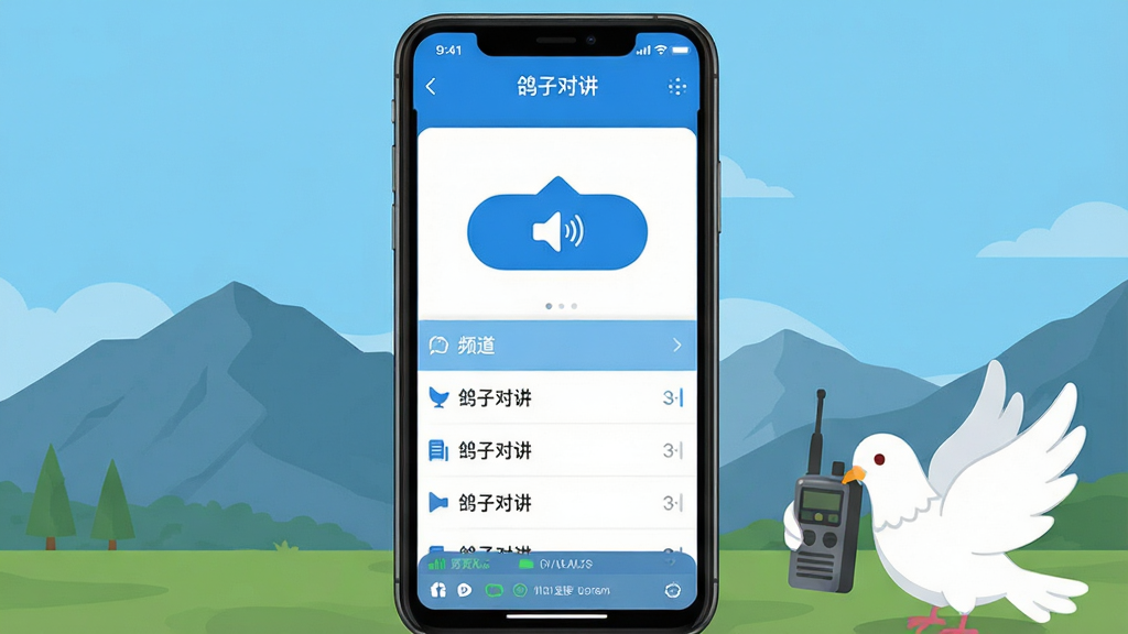 画面中央展示一部智能手机,屏幕上显示“鸽子对讲”应用界面,界面以蓝白配色为主,顶部有应用名称“鸽子对讲”,中间是醒目的对讲按钮和频道列表,底部有状态栏显示连接状态。背景是户外场景,有远山和蓝天,画面右下角有一只卡通白鸽叼着对讲机。整体风格清新简洁,扁平化设计,画质清晰,干净无多余元素。