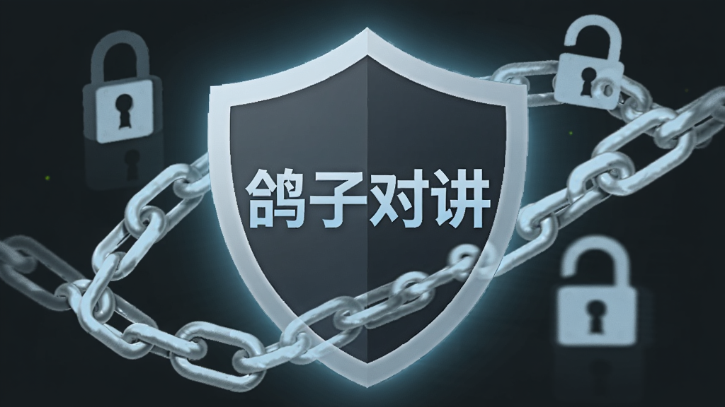 画面主体是一个盾牌形状的图标,盾牌中央有“鸽子对讲”的文字,盾牌周围有锁链和加密符号环绕。背景是深灰色,盾牌发出淡蓝色光芒。整体风格安全稳重,画质清晰,干净无多余元素。