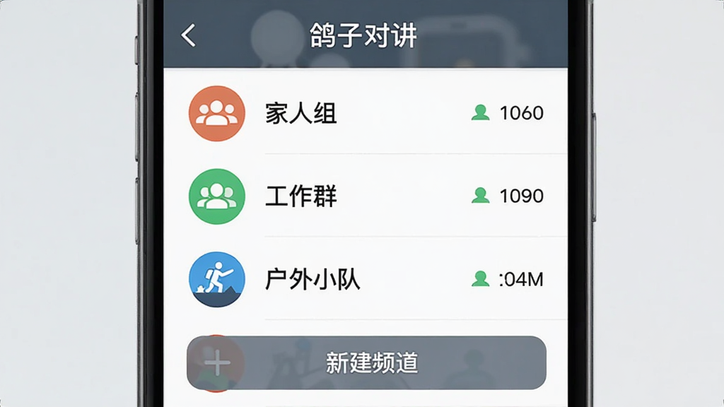 画面展示一个手机界面,屏幕中央是“鸽子对讲”的频道列表,列表中有多个频道名称如“家人组”“工作群”“户外小队”,每个频道左侧有不同颜色的圆形图标,右侧有在线人数。界面下方有“新建频道”按钮。背景是浅灰色,整体风格简约商务,画质清晰,排版整齐,无多余元素。