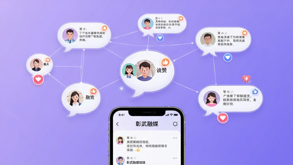 一幅表现“彰武融媒”互动交流社区功能的AI生图,画面展示多个圆形对话气泡在空中漂浮,气泡内包含人物头像、点赞图标和文字评论,气泡之间以细线相连形成社交网络,画面下方有一部手机屏幕显示“彰武融媒”评论界面,背景为柔和的紫色渐变,风格现代社交感,画质清晰,无多余元素