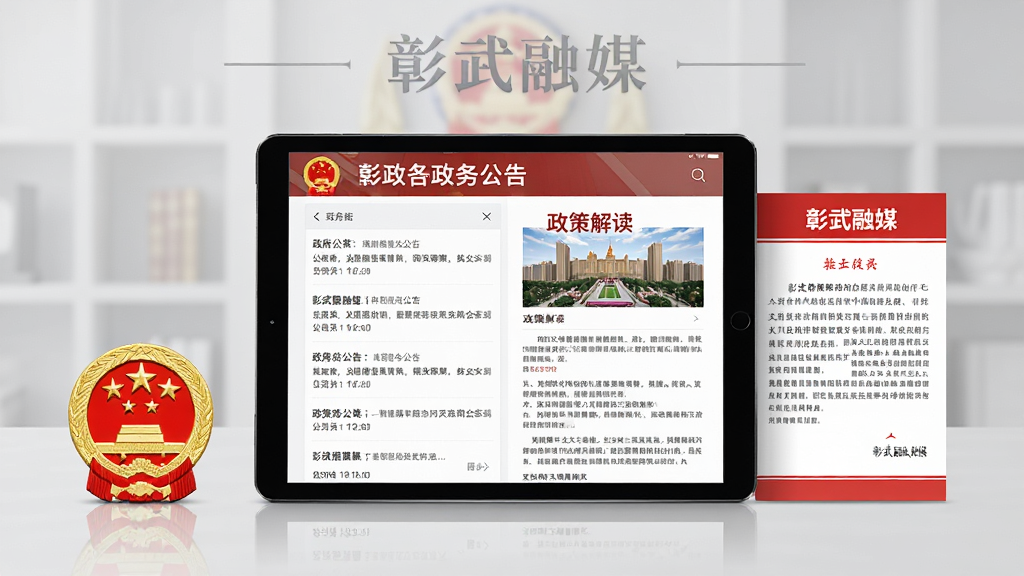 一幅体现“彰武融媒”政务信息发布功能的AI生图,画面主体是一部平板电脑,屏幕显示政务公告列表与政策解读详情页,电脑旁放置着一枚国徽和一份红头文件,背景为庄重的浅灰色调,布局对称稳重,风格严谨正式,画质干净,无多余元素