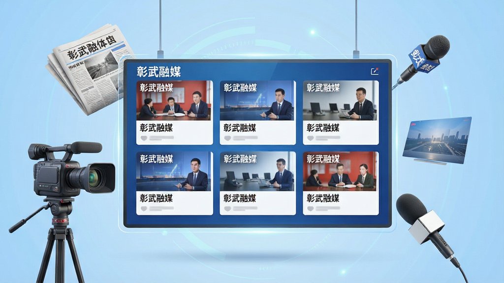 一幅以“彰武融媒”本地新闻聚合功能为主题的AI生图,画面中心为一块悬浮的虚拟新闻大屏,屏幕上排列着图文并茂的新闻卡片,卡片上带有“彰武融媒”字样,大屏四周环绕着报纸、摄像机、麦克风等媒体元素,背景为浅蓝色渐变,整体布局整齐,风格商务科技感,画质清晰,无多余元素