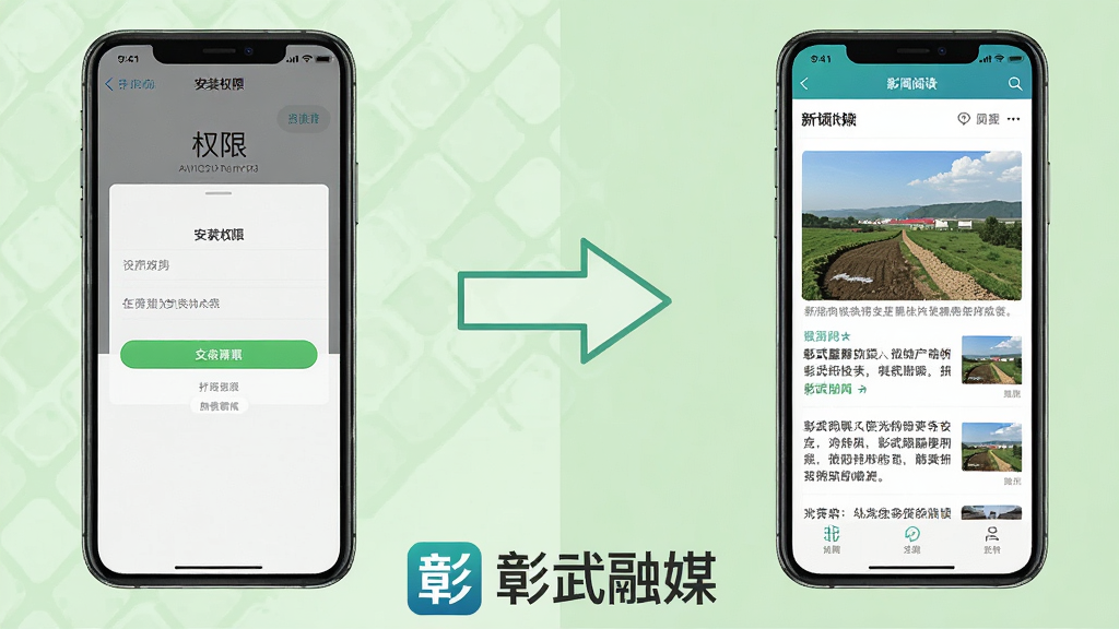 一幅以“彰武融媒”新手使用指南为主题的AI生图,画面左侧为一部手机显示安装权限设置界面,右侧为手机显示新闻阅读界面,中间以箭头连接,画面底部有“彰武融媒”Logo,背景为浅绿色调,布局左右对比清晰,风格教程指引感,画质干净,无多余元素