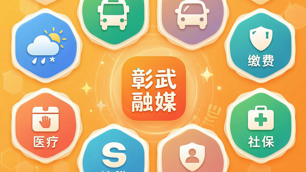 一幅围绕“彰武融媒”便民生活服务功能的AI生图,画面采用蜂窝状六边形图标排列布局,每个六边形内分别绘制天气、公交、缴费、医疗、社保等生活服务图标,中心位置放置“彰武融媒”应用图标,背景为温暖的橙黄色调,风格清新活泼,画质细腻,无多余元素