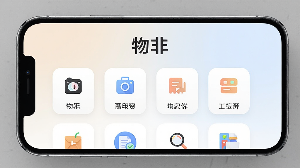 一张展示物非软件主界面的手机截图,画面中央是物非APP的首页,顶部显示“物非”文字标识,下方排列多个功能入口图标,整体布局简洁清晰,背景为浅色渐变,风格现代简约,细节精致,画质高清,干净,无多余元素