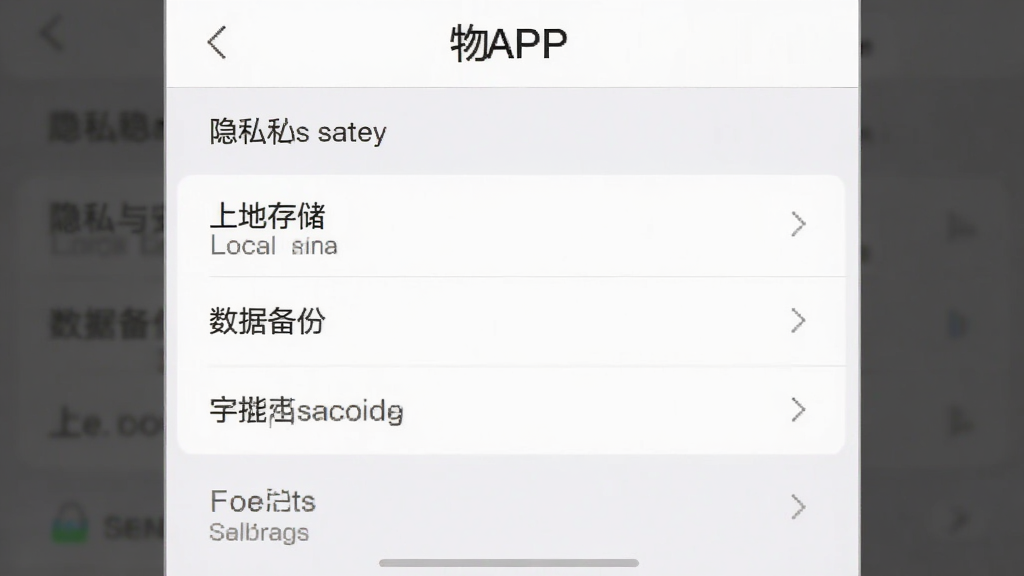 物非APP设置页面截图,画面中展示隐私与安全选项,包含本地存储、数据备份等条目,界面风格素雅极简,以白色和浅灰色为主,文字清晰,画质高清,干净,无多余元素