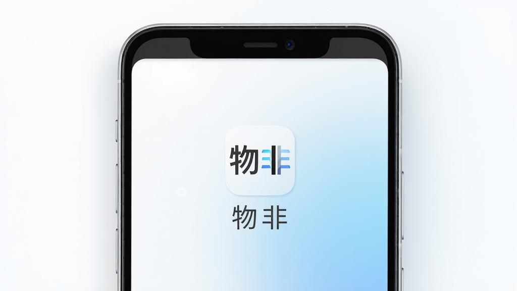 一部安卓手机屏幕上显示物非APP的启动画面,画面中央是“物非”软件图标和名称,背景为干净的白色到浅蓝色渐变,手机周围有轻微的光影效果,风格科技简约,细节清晰,画质高清,干净,无多余元素