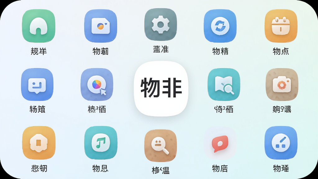 物非APP工具箱页面截图,画面中展示多个工具图标呈圆形排列,中间是“物非”标识,每个图标下方有功能名称,背景为柔和圆角风格,色彩清新,画质高清,干净,无多余元素