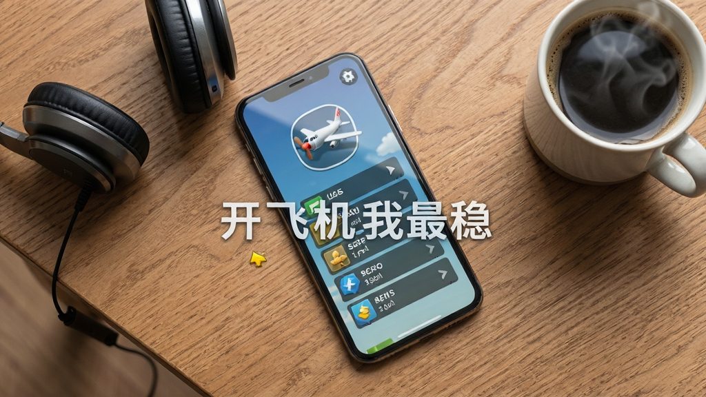一部智能手机平放在木质桌面上,屏幕显示开飞机我最稳的游戏主界面,界面中有飞机图标和任务列表,手机旁边放着一副耳机和一杯咖啡,画面采用俯视构图,清新简约风格,细节包含屏幕反光、桌面纹理、咖啡热气,画面中打上文字“开飞机我最稳”,画质清晰干净,无多余元素