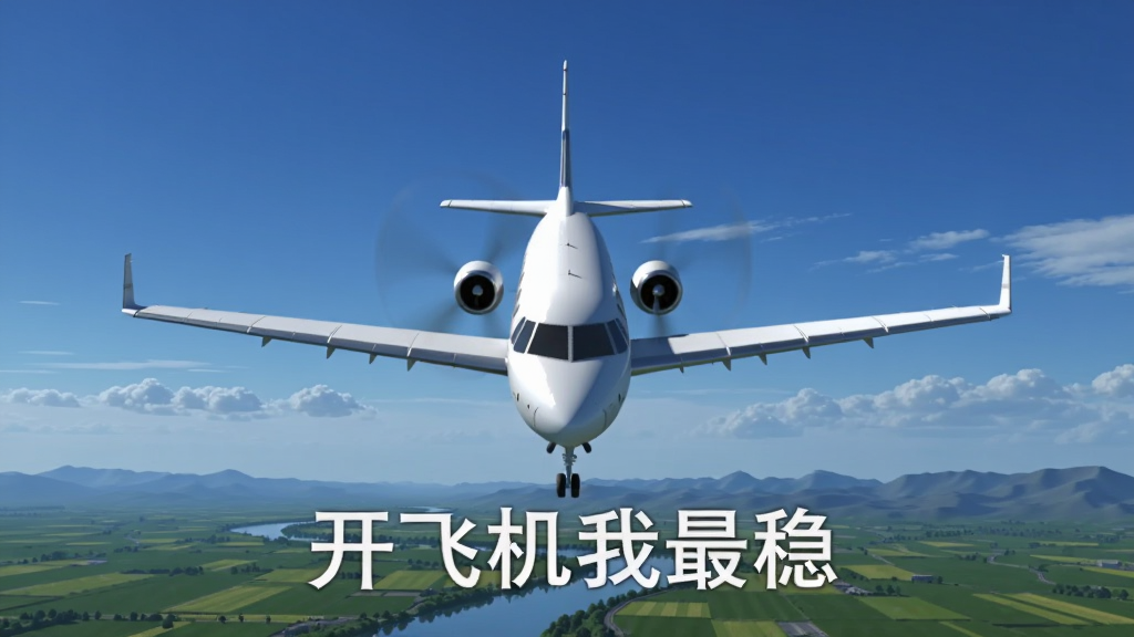 画面中央是一架白色小型客机正在蓝天中平稳飞行,背景为渐变蓝色天空和少量白云,画面下方是绿色的田野与弯曲的河流,整体构图采用居中对称布局,风格为写实3D渲染,细节包含机翼反光、云层层次、远处山脉轮廓,画面中打上文字“开飞机我最稳”,画质清晰干净,无多余元素,横版构图