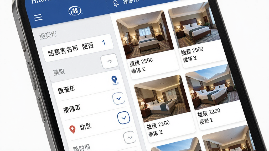 一张展示希尔顿荣誉客会APP酒店预订页面的图片,主体为手机屏幕特写,布局采用左右分栏,左侧为搜索筛选栏,右侧为酒店列表卡片,排版整齐有序,风格为现代UI界面展示,细节包括日期选择器、地图定位图标、房型缩略图,画质清晰干净无多余元素。