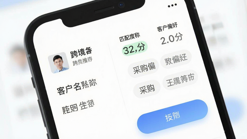 跨境魔方 智能推荐客户列表 手机屏幕 显示客户名称 匹配度评分 采购偏好标签 蓝色渐变按钮 白色背景 扁平化设计 画面清晰 无多余元素