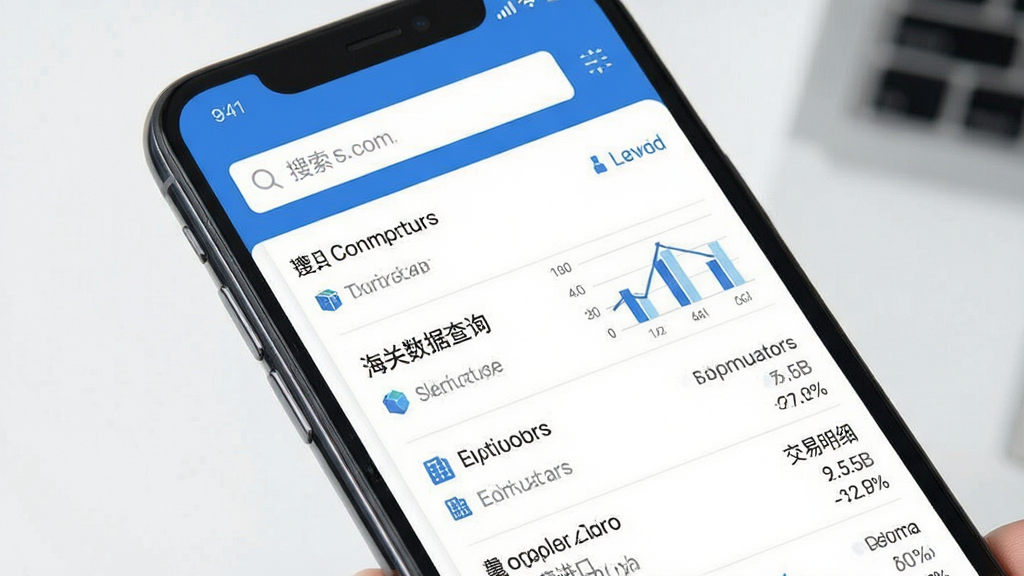 跨境魔方 海关数据查询界面 手机应用截图风格 顶部搜索框 下方列表展示进出口记录 蓝色主色调 扁平化设计 数据图表与交易明细 画面干净 画质清晰 无多余元素