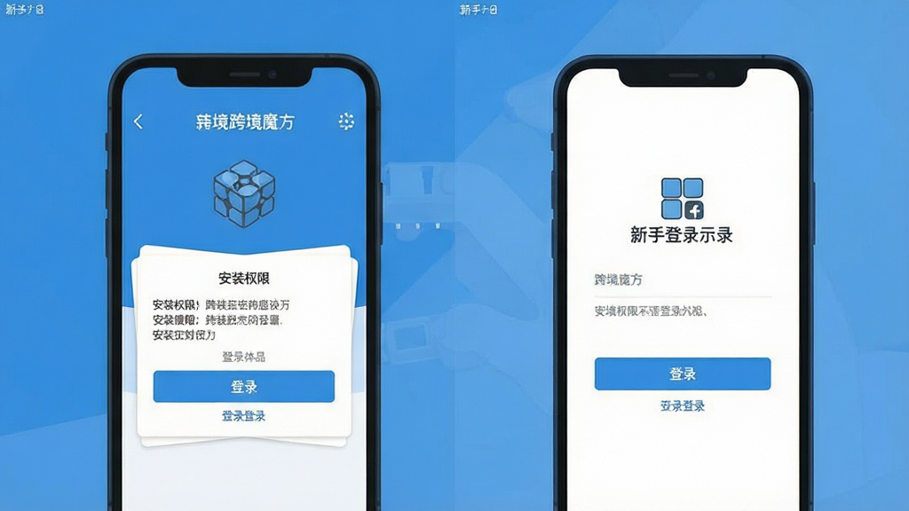 跨境魔方 新手安装步骤示意图 手机屏幕展示安装权限设置与登录界面 蓝色主色调 扁平化设计 画面简洁 画质干净 无多余元素