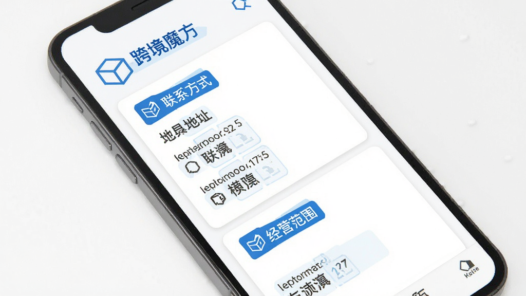 跨境魔方 企业信息详情页 手机界面 展示公司名称 地址 联系方式 经营范围 蓝色标签 白色背景 信息卡片式布局 扁平化设计 画面整洁 画质干净 无多余元素