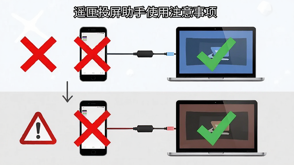 一张展示遥匣投屏助手使用注意事项的图文海报,主体为手机和电脑连接示意图,布局采用上下结构,上方为正确连接方式,下方为错误示范,排版突出警示和提示图标,风格为简洁教程风格,细节包括红色叉号和绿色对勾标记,画质清晰,干净,无多余元素。