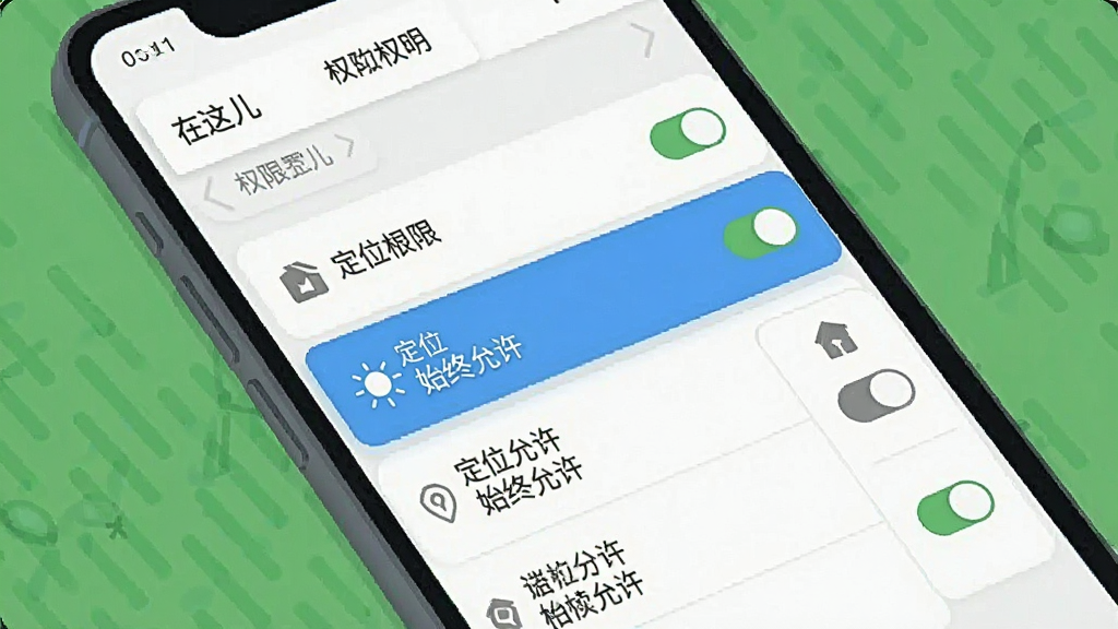 一张展示“在这儿”软件权限设置界面的手机截图风格插图,画面主体为竖屏手机显示应用权限列表,定位权限项被高亮标注为“始终允许”,布局为上下排列的设置选项,风格为扁平化UI设计,细节包含开关按钮和权限图标,画质清晰干净,无多余元素