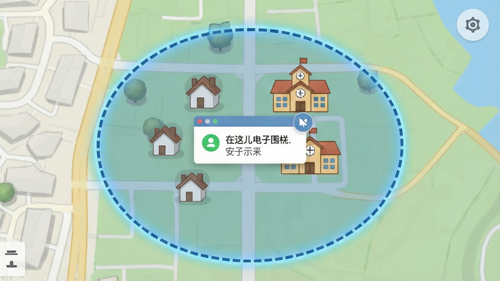 一张展示“在这儿”电子围栏功能的示意图,画面主体为地图上绘制的圆形安全区域,区域边缘有虚线高亮,区域内有房屋与学校图标,布局为居中构图,风格为写实地图叠加半透明色块,细节包含通知弹窗图标,画质清晰干净,无多余元素