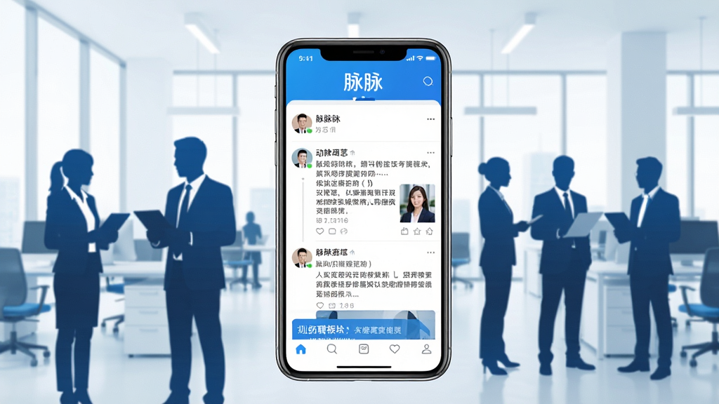 一张展示职场社交场景的图片,画面中央是手机屏幕显示脉脉APP界面,屏幕内有用户头像、动态信息流和招聘板块,背景是现代化的办公环境,周围环绕着不同职业的人物剪影,整体风格简洁明亮,色调以蓝色和白色为主,画面干净清晰,文字“脉脉”出现在手机屏幕上方,画质高清,无多余元素