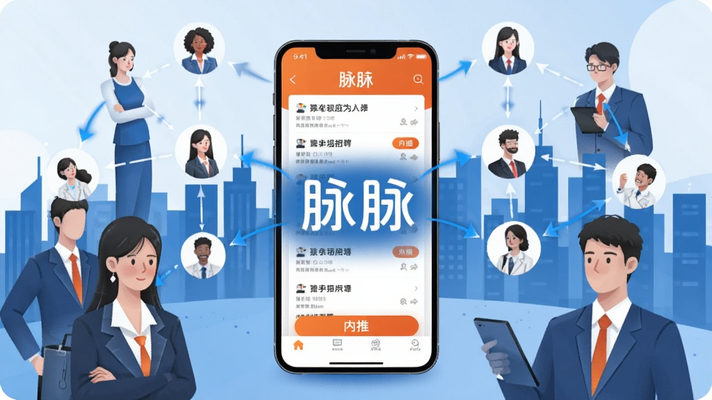 一幅展示职场招聘场景的插画,画面中有多个职业人物形象,中间是手机屏幕显示脉脉APP的招聘页面,页面中有职位列表和“内推”按钮,周围有箭头和连接线表示人脉关系网络,背景是城市天际线剪影,整体风格现代商务,色调以蓝色和橙色为主,画面中央有“脉脉”文字标识,画质高清,无杂乱元素