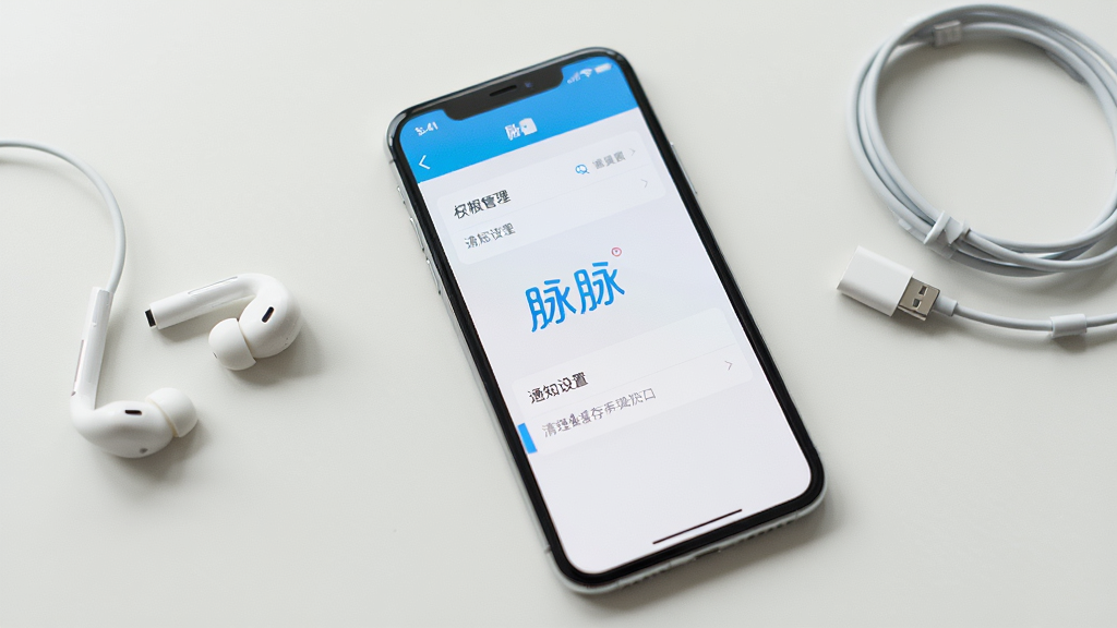 手机屏幕显示脉脉APP的设置页面,页面中有权限管理、通知设置和清理缓存选项,背景是简洁的浅色桌面,手机旁边有耳机和数据线,整体风格干净整洁,色调以白色和浅蓝色为主,画面中央有“脉脉”文字标识,画质清晰,构图简单
