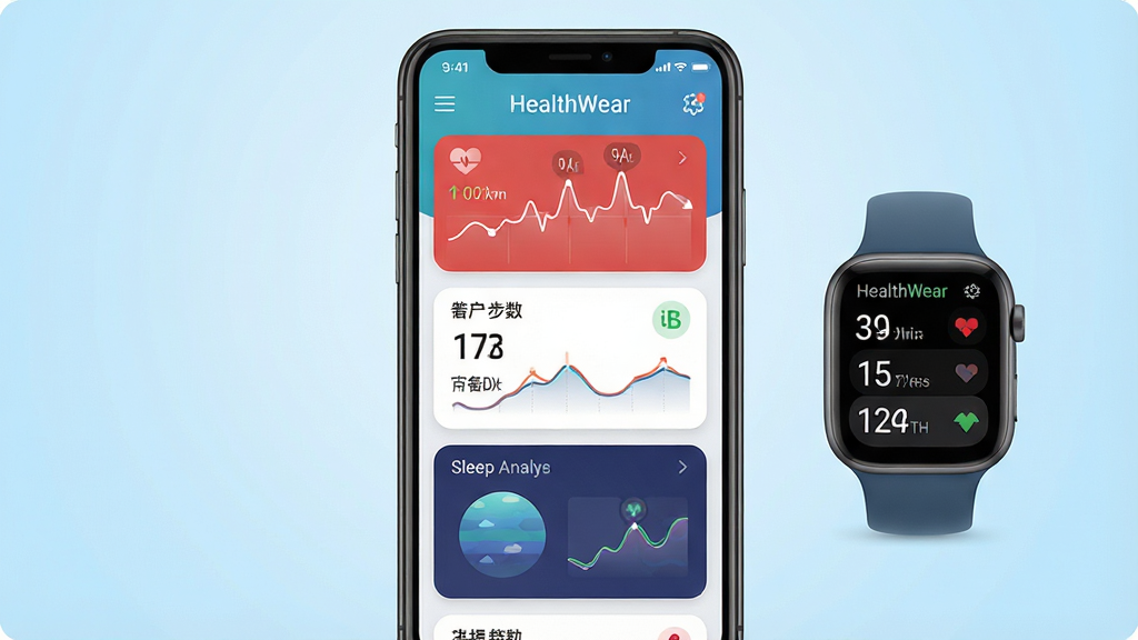 一幅展示HealthWear软件核心功能的宣传图,画面中央是一部智能手机,屏幕上显示HealthWear应用主界面,界面中包含心率曲线、步数统计、睡眠分析等数据卡片,手机旁边放置一块HealthWear智能手表,手表屏幕同步显示健康数据,背景为干净的浅蓝色渐变,整体布局左右对称,风格为现代科技感扁平化设计,细节包括数据图表、图标点缀,画质高清,画面干净,无多余元素