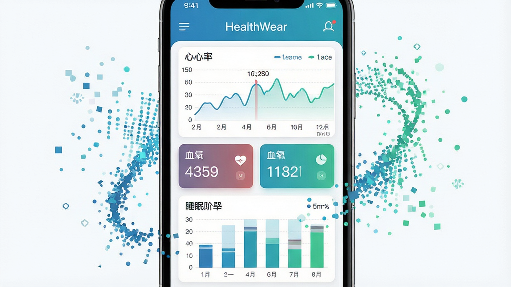 一张HealthWear应用健康数据监测界面的截图风格图片,画面主体为手机屏幕,屏幕内展示心率折线图、血氧数值卡片和睡眠阶段柱状图,图表颜色以蓝绿为主,界面简洁清晰,手机周围环绕着抽象的数据粒子效果,布局为居中展示,风格为扁平化UI设计,细节包括数值标注、时间轴、图标,画质高清,画面干净,无多余元素