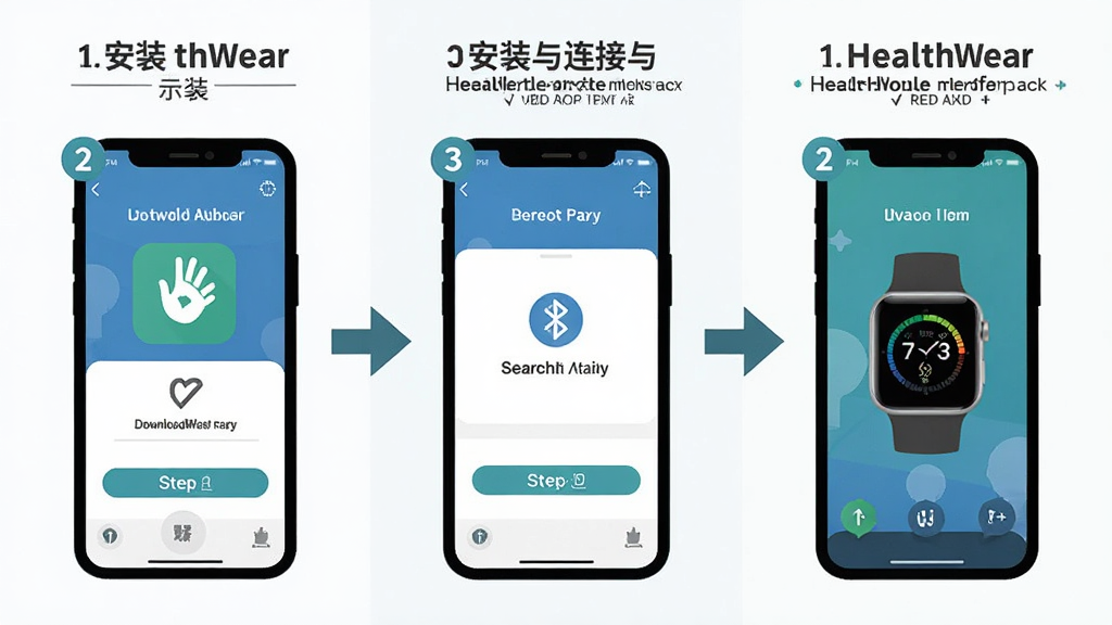 一幅展示HealthWear应用安装与连接步骤的示意图,画面分为三个部分,左侧为手机下载安装界面,中间为蓝牙配对搜索界面,右侧为手表与手机连接成功界面,布局为横向三格排列,风格为简洁扁平化信息图,细节包括步骤编号、箭头指引、图标示意,画质高清,画面干净,无多余元素