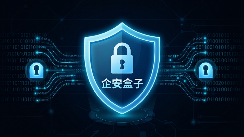 企安盒子数据加密传输示意图,画面中央为一个发光的盾牌图标,盾牌上有锁形图案和