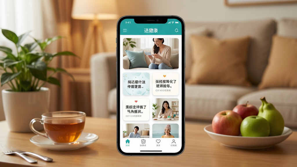 画面中央是手机屏幕展示送健康应用界面,界面中排列着多张健康主题图片和祝福语卡片,背景是温暖的家庭客厅场景,柔和光线,主体突出,布局居中,排版清晰,风格温馨写实,细节包括绿植、茶杯、水果等健康元素,画质高清干净,无多余元素。