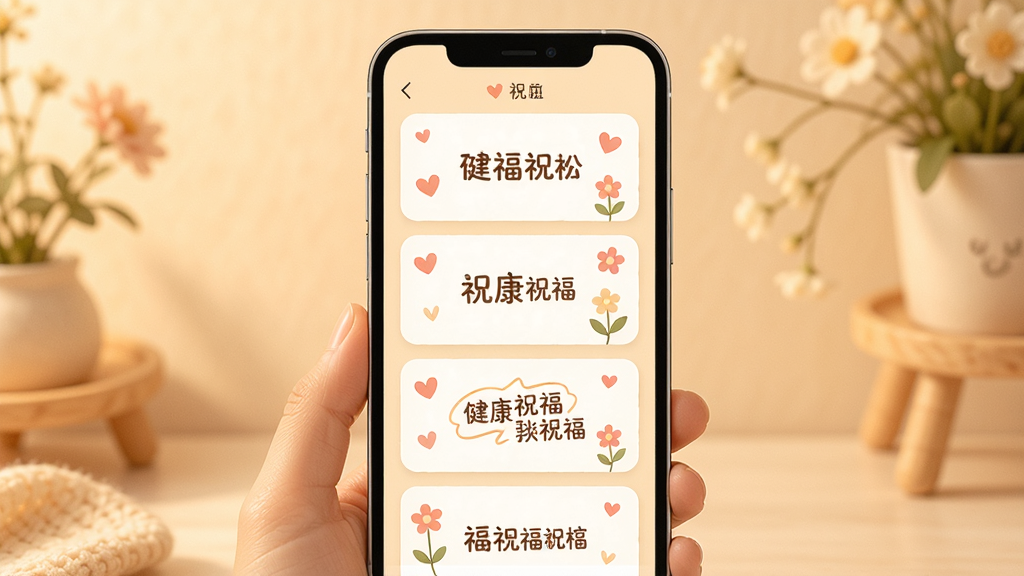 送健康应用界面展示祝福语模板列表,屏幕上显示多条健康祝福文字卡片,背景是温馨的暖色调,主体为手机和文字卡片,布局居中,排版清晰,风格柔和治愈,细节包括小爱心、花朵装饰,画质高清干净,无多余元素。