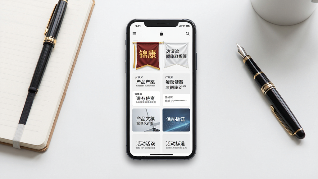 送健康应用内展示健康主题文字素材页面,屏幕上排列着锦旗内容、产品文案、活动标语等文字模块,背景是整洁的办公桌面,主体为手机屏幕,布局清晰,排版规整,风格简约专业,细节包括笔记本、钢笔,画质高清干净,无多余元素。