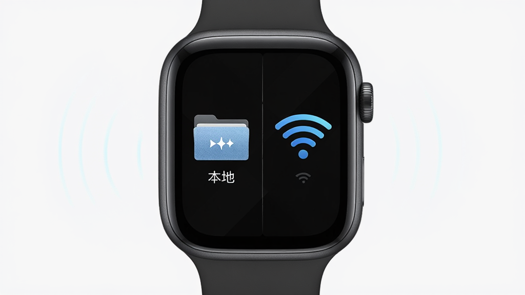 播放watchapp本地与网络双源播放功能展示,主体为智能手表屏幕中分屏显示本地文件夹图标与Wi-Fi信号图标,布局为上下分栏,排版对称,风格为现代简约科技风,细节包含文件夹纹理与信号波纹,画质高清,干净,无多余元素