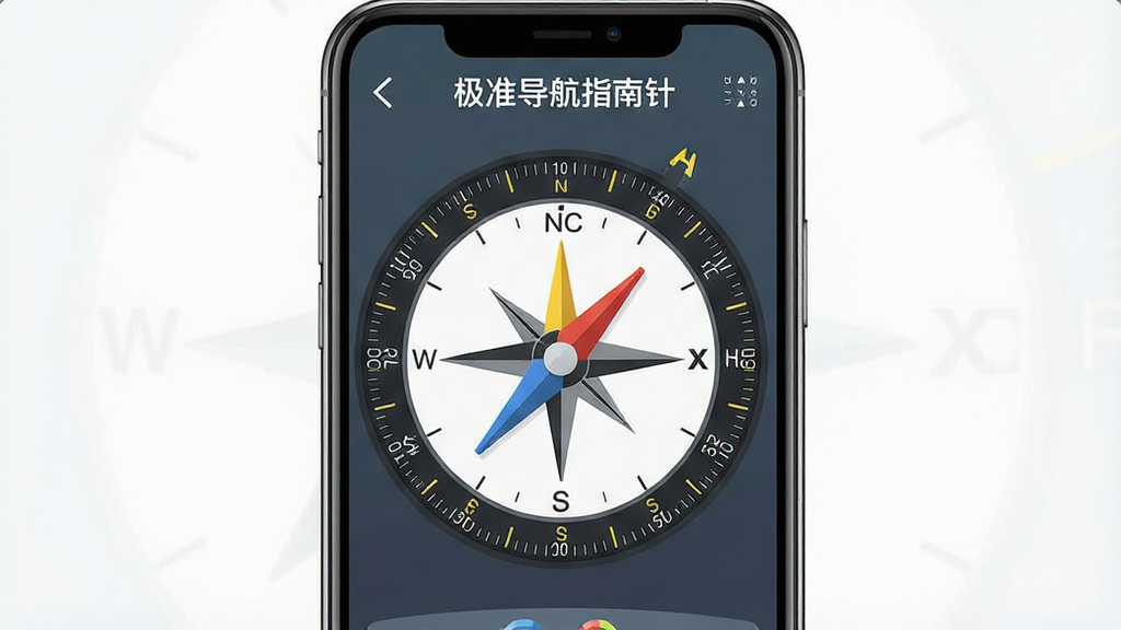 一张展示极准导航指南针软件界面的高清图片,主体为手机屏幕显示指南针表盘,布局采用居中构图,排版简洁,风格为科技感扁平化,细节包括指针、刻度、经纬度数字与方向标识,画质清晰干净,无多余元素,图片中文字为“极准导航指南针”
