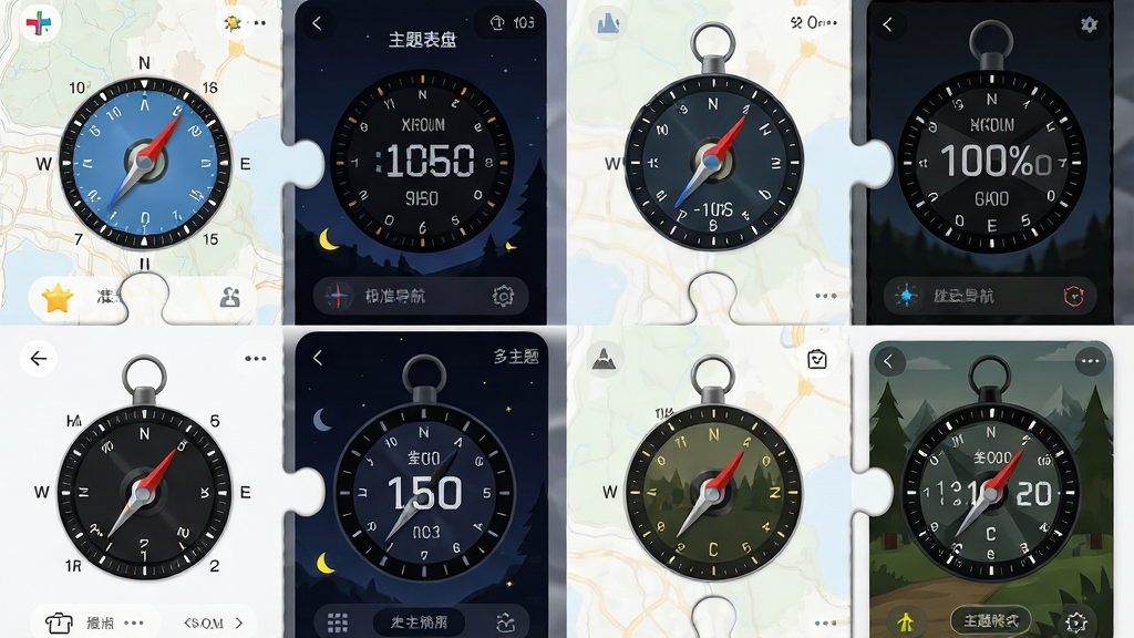 一张展示极准导航指南针多种表盘主题的拼图,主体为四个不同风格的表盘界面,布局为两行两列,排版整齐,风格为现代UI展示,细节包括罗盘、数字、夜间模式与户外模式,画质清晰干净,图片中文字为“极准导航指南针 多主题表盘”