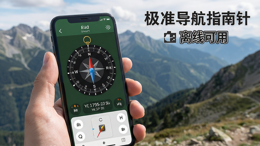 一张展示极准导航指南针离线使用场景的图片,主体为手机在户外手持状态,布局为近景特写,排版突出屏幕内容,风格为写实户外风,细节包括山脉背景、手机屏幕显示指南针与经纬度,画质清晰干净,图片中文字为“极准导航指南针 离线可用”