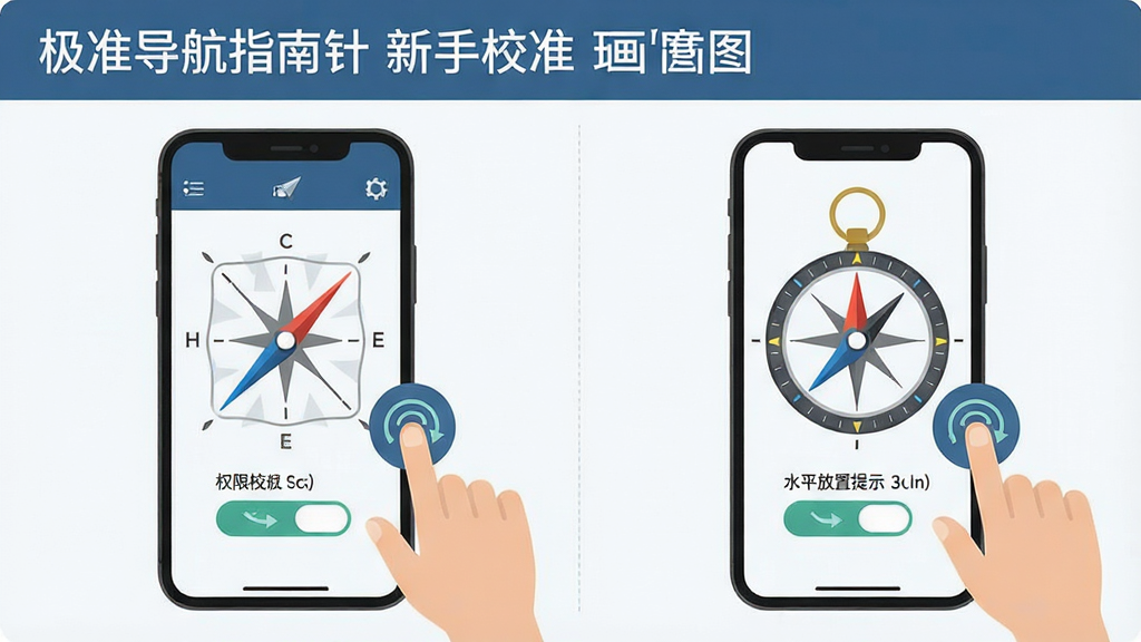 一张展示极准导航指南针新手操作步骤的示意图,主体为手机屏幕与手势图标,布局为左右分栏,排版清晰,风格为扁平化教程风,细节包括校准八字轨迹、权限开关、水平放置提示,画质清晰干净,图片中文字为“极准导航指南针 新手校准”