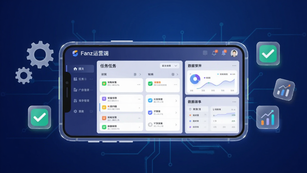 一部智能手机横屏展示“Fanz运营端”的移动管理界面,屏幕中呈现任务看板与数据仪表盘,手机两侧漂浮着齿轮、对勾和图表图标,背景为深蓝色科技感渐变,主体居中,布局左右对称,风格为现代扁平插画,细节包含发光边框和半透明磨砂效果,画质清晰干净,无多余元素