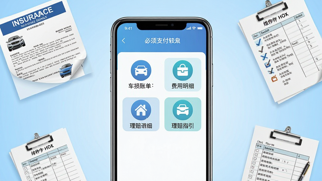 一张手机应用界面展示图,画面中央是一部智能手机,屏幕上显示车损账单必须支付软件的首页界面,界面包含车损账单查询、费用明细、理赔指引等功能模块图标,背景为浅蓝色渐变,手机周围散落着汽车保险单、维修清单等元素,整体风格简洁商务,画质清晰,干净,无多余元素