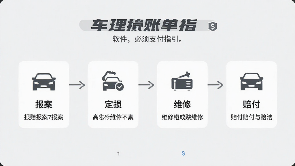 一幅AI生成的图片,画面主体为车损账单必须支付软件的理赔流程指引页面,页面以流程图形式展示报案、定损、维修、赔付四个步骤,每个步骤配有图标和简要文字说明,背景为浅灰色,整体风格简洁明了,画质清晰,干净,无多余元素