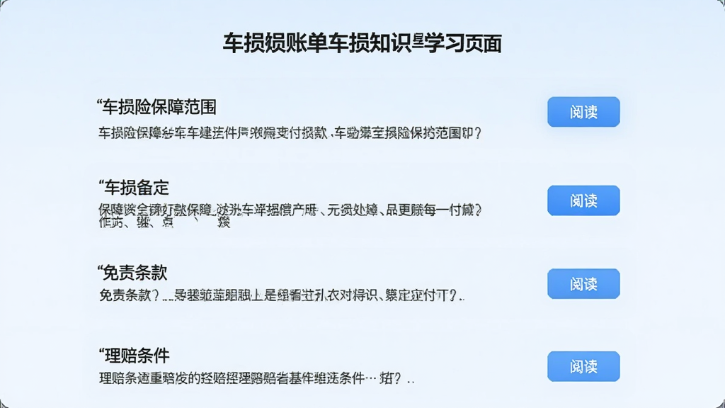 一幅AI生成的图片,画面主体为车损账单必须支付软件的车损知识学习页面,页面以列表形式展示车损险保障范围、免责条款、理赔条件等知识条目,每条配有简短摘要和阅读按钮,背景为浅蓝色,整体风格清爽,画质清晰,干净,无多余元素