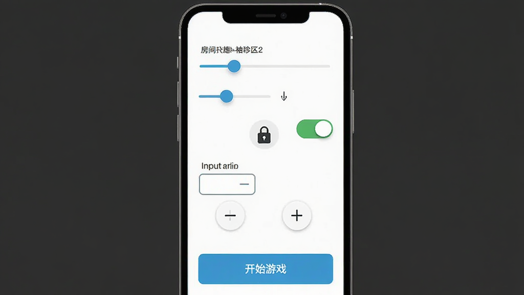 袖珍区2房间设置面板示意图,主体为手机界面展示滑块、开关、输入框等控件,布局为纵向列表,风格为简约现代UI风格,细节包括房间名称输入框、密码锁图标、人数加减按钮、开始游戏按钮,画质清晰锐利,无多余元素