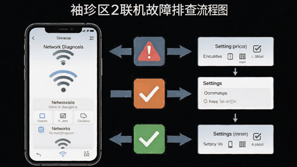 袖珍区2联机故障排查流程图,主体为手机屏幕显示网络诊断界面与设置选项,布局为分步指引样式,风格为信息图表风格,细节包括WiFi图标、感叹号警示标志、勾选标记、箭头指引,画质清晰干净,无多余元素
