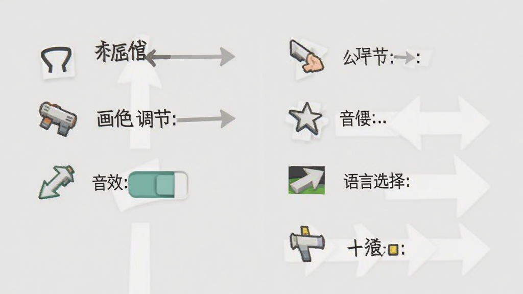 箭头线条游戏设置界面截图,屏幕上显示画质调节、音效开关、语言选择等选项,背景为浅灰色,界面简洁,图标清晰,风格实用,画质干净,无多余元素