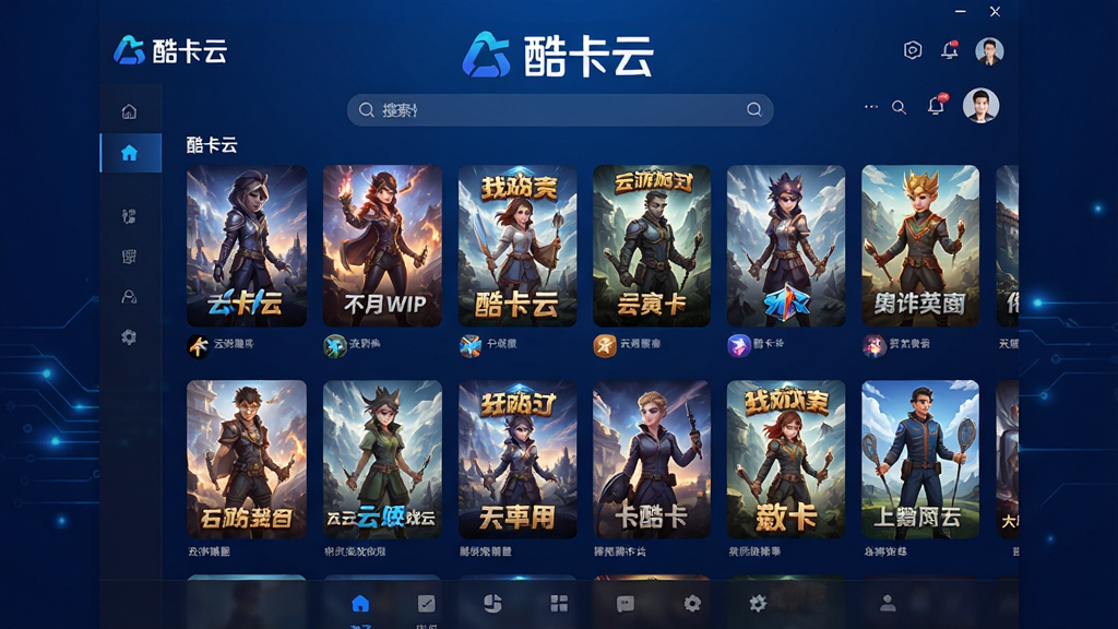 一张展示酷卡云云游戏平台主页界面的图片,画面中央是酷卡云软件主界面,背景为深蓝色渐变科技风格,界面中显示多款热门游戏封面整齐排列,顶部有酷卡云logo字样,底部有导航栏,整体布局清晰整洁,风格为现代科技感UI设计,细节包含游戏图标、搜索框、用户头像等元素,画质高清,界面干净,无多余元素