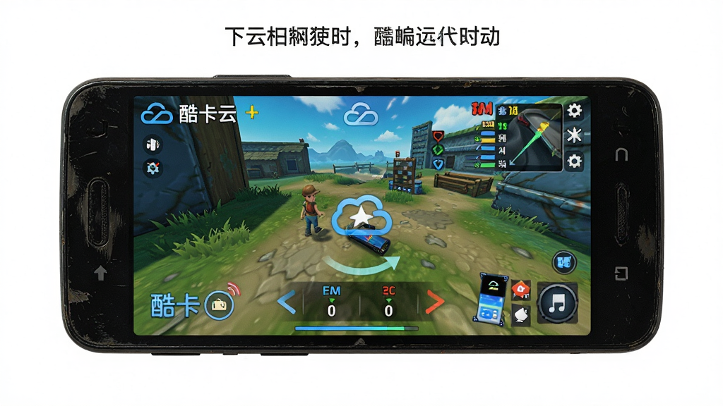 一张展示酷卡云在老旧手机上流畅运行游戏的对比图,画面主体为一部旧款安卓手机屏幕中显示酷卡云游戏运行流畅的画面,布局为单设备特写,风格为写实产品摄影,细节包含手机外观、屏幕内游戏画面、流畅度指示图标,画质高清,画面干净,无多余元素