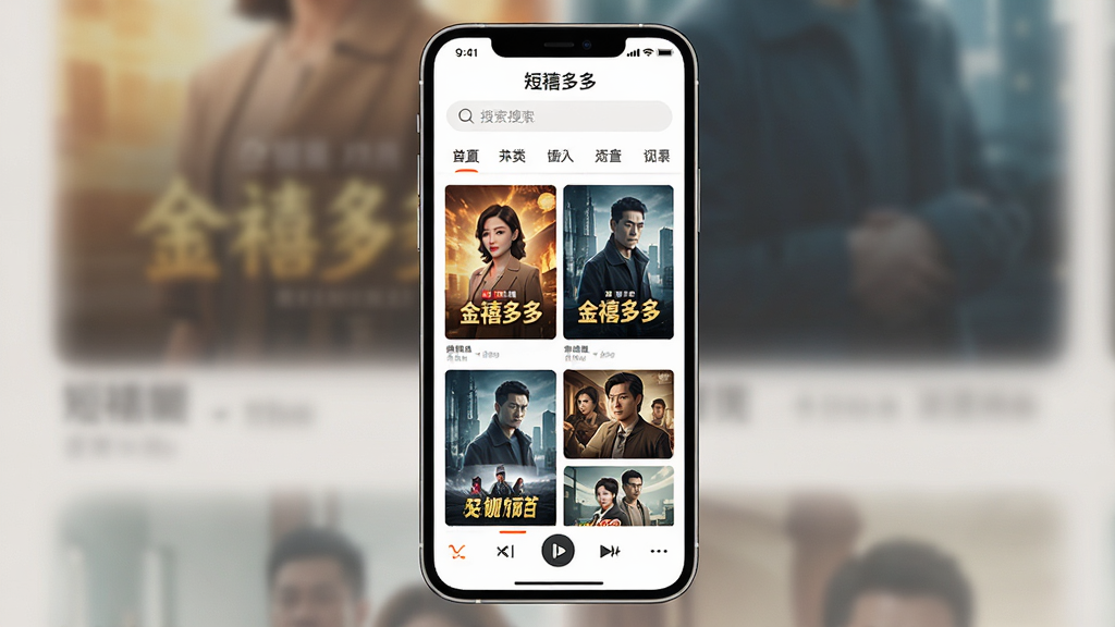 一幅竖版手机应用界面展示图,画面中央是一部现代智能手机,屏幕内显示“金禧多多”短剧应用首页,顶部有搜索栏和分类标签,中部为多张短剧封面海报排列成网格,底部为播放导航栏,整体布局清晰,风格为清新简约的移动端UI设计,细节包括图标、按钮和缩略图,画质高清,干净,无多余元素