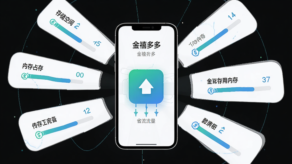 一幅展示“金禧多多”应用轻量省流特性的信息图,画面中央为手机和流量图标,周围环绕着存储空间、内存占用等数据指示条,布局为放射状排版,风格为清爽简约的科技插画,细节包括数字标签和进度条,画质高清,干净,无多余元素