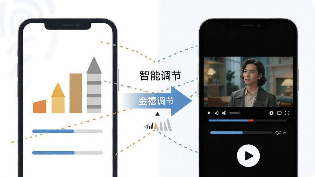 一幅展示“金禧多多”应用在网络优化方面特性的示意图,画面左侧为手机信号强弱对比图标,右侧为流畅播放的短剧画面,中间用箭头连接表示智能调节,布局为左右对比式,风格为扁平化信息图,细节包括信号格、加载进度条和播放按钮,画质高清,干净,无多余元素